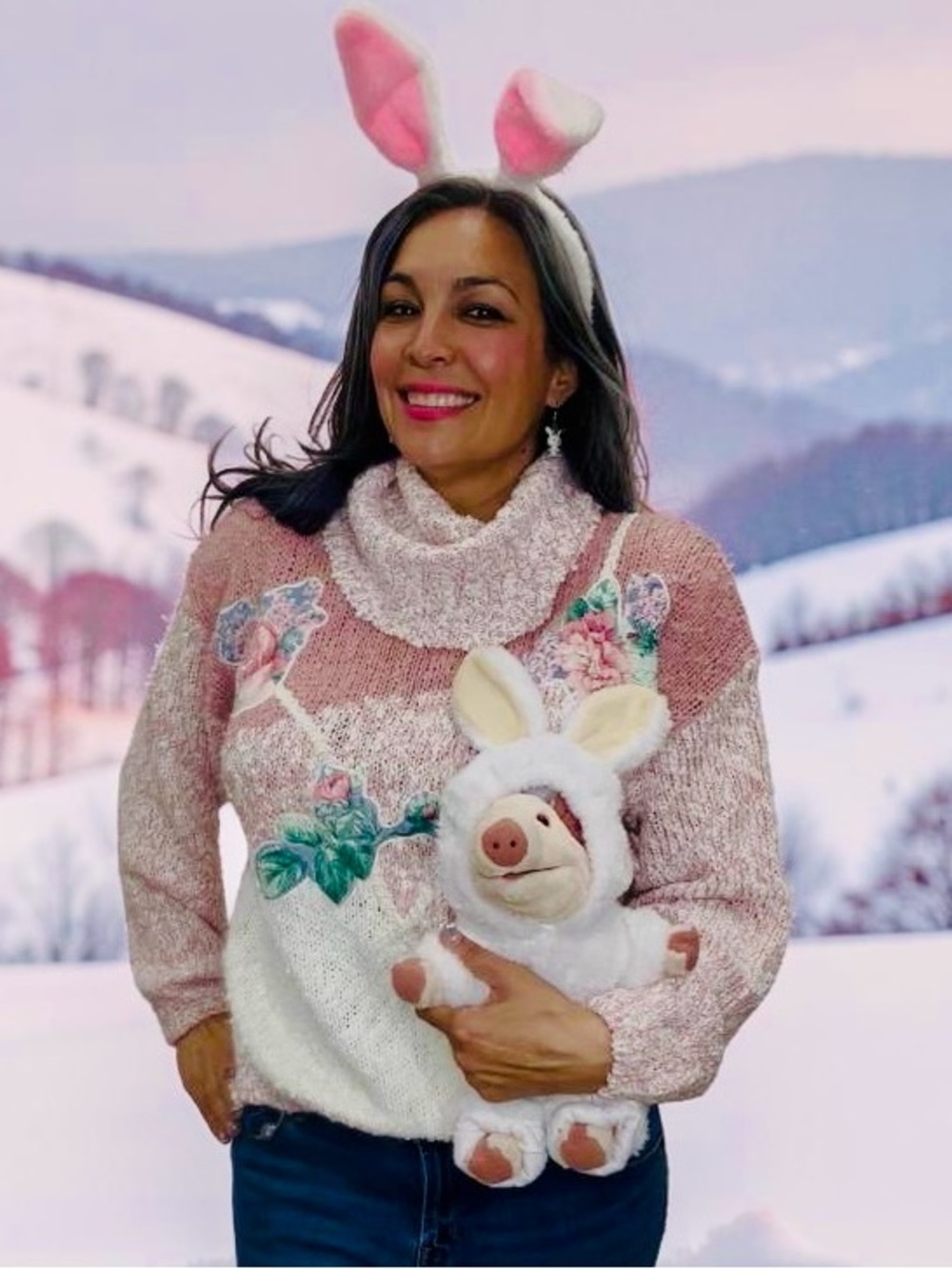 Vintage Shenanigans Pink Bouclé Floral Turtleneck Cozy Sweater
